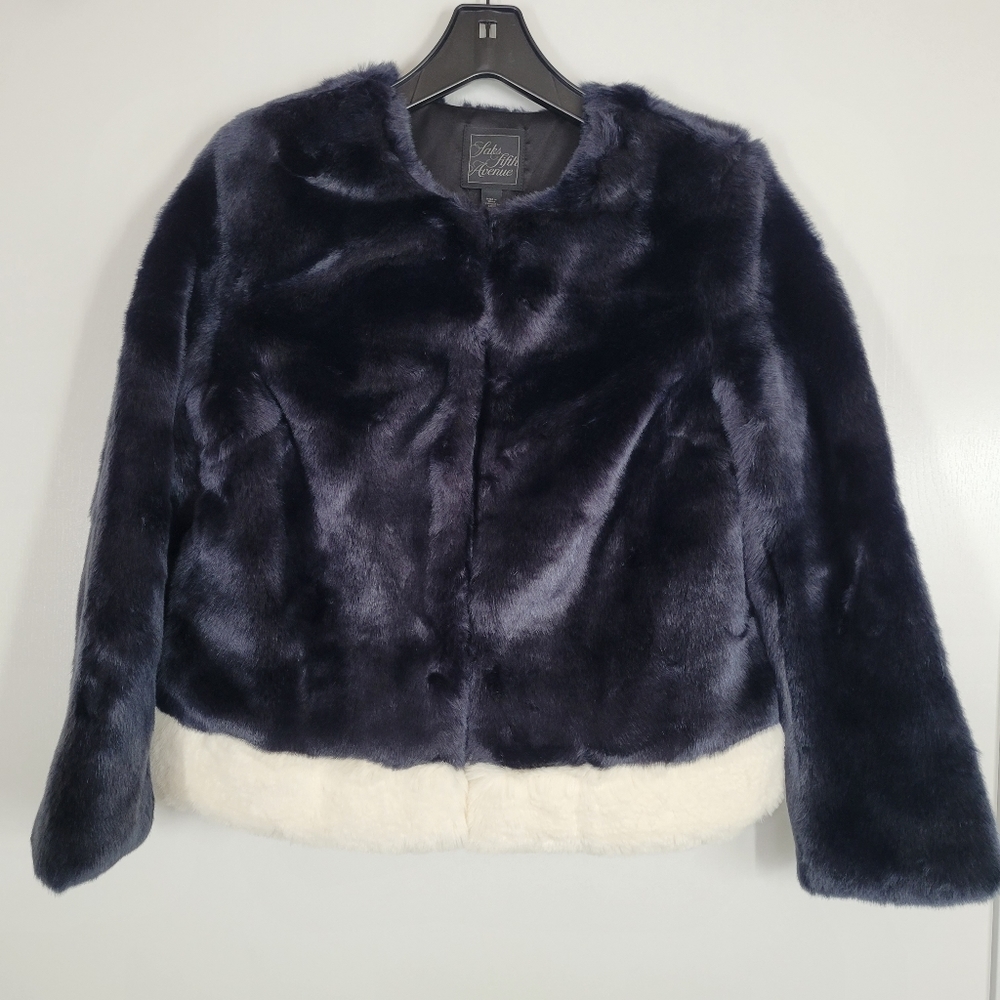 Saks Fifth Avenue Faux Fur Navy and White Teddy Coat